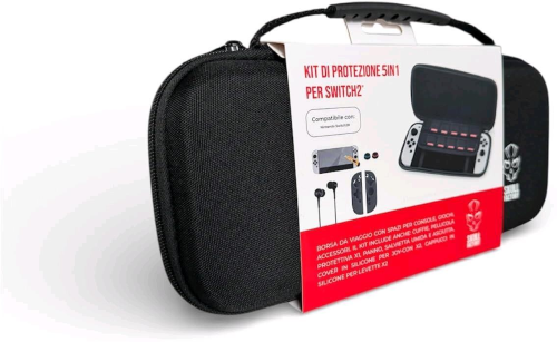 SKULL FACTORY NINTENDO SWITCH 2 KIT PREMIUM DI PROTEZIONE 5 IN 1 CUSTODIA RIGIDA DA VIAGGIO CON ACCESSORI COMPLETI, PELLICOLA PROTETTIVA, CUFFIE E PROTEZIONI JOY CON NERO